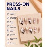 Nude Leopard Print Press‑On Nails with Pink Rhinestones & 3D Butterfly, Sweet‑Cool Long Almond False Nails